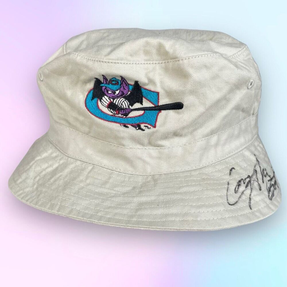 VTG 90s SIGNED "Casey the Bat" Authentic Greensboro Bats Adult Bucket Hat Beige